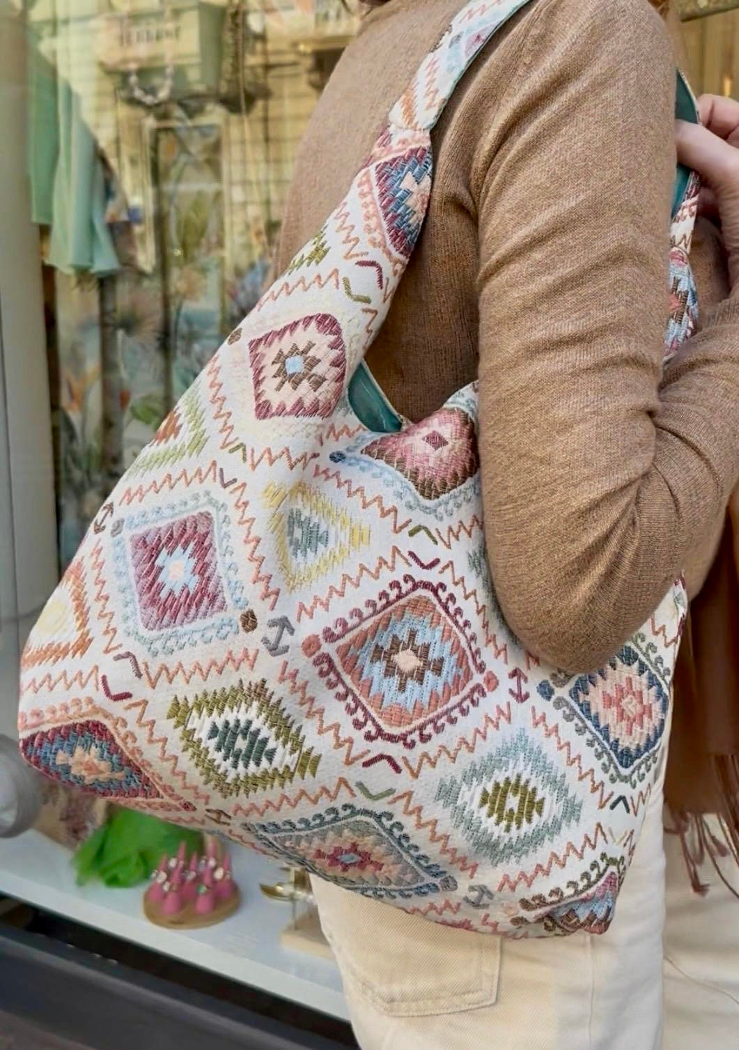 Angy Bag reversible Jacquard di cotone fantasia - Retro cotone azzurro Tiffany