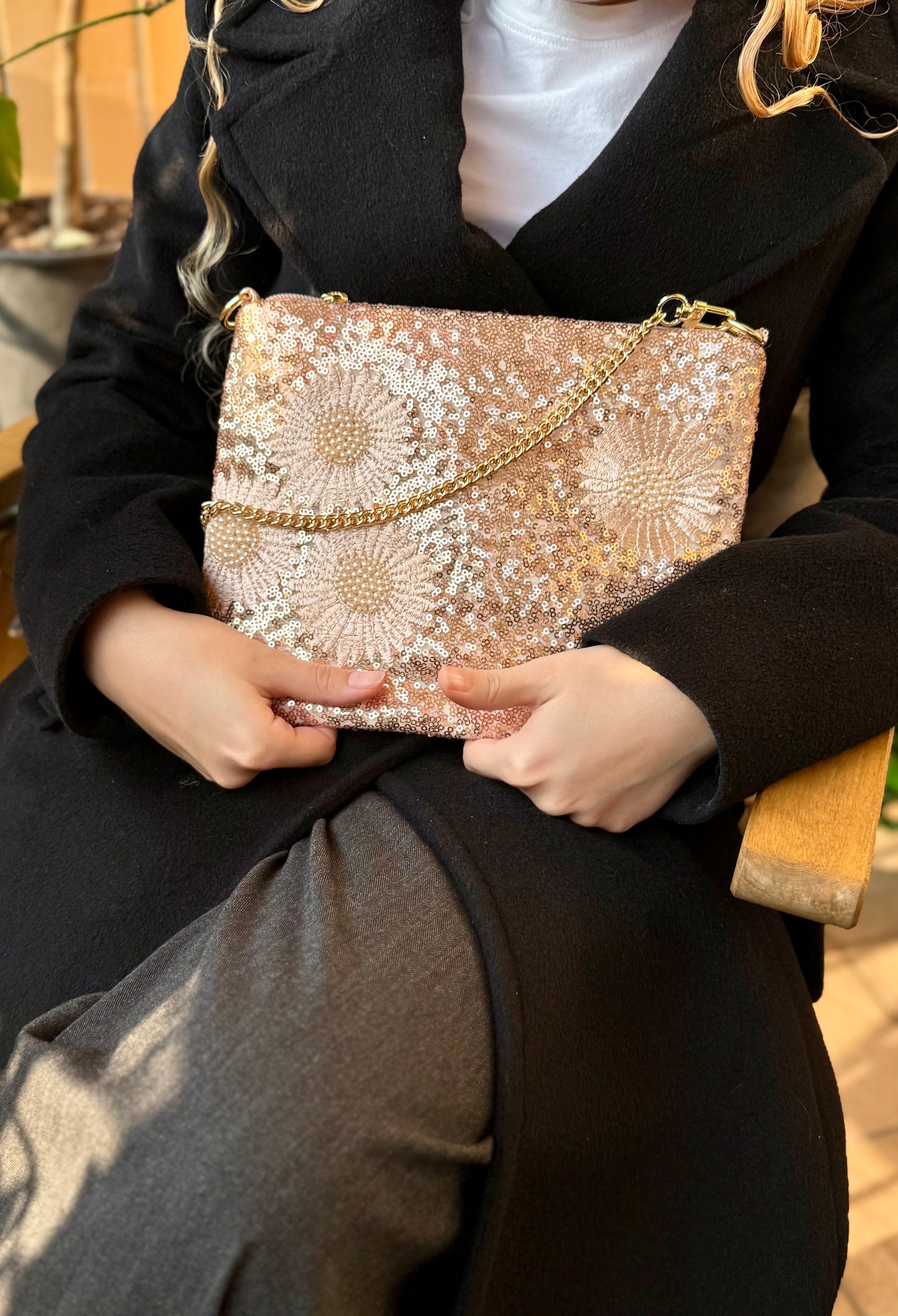 La Poshetta paillettes a fiori beige e oro - Retro velluto beige