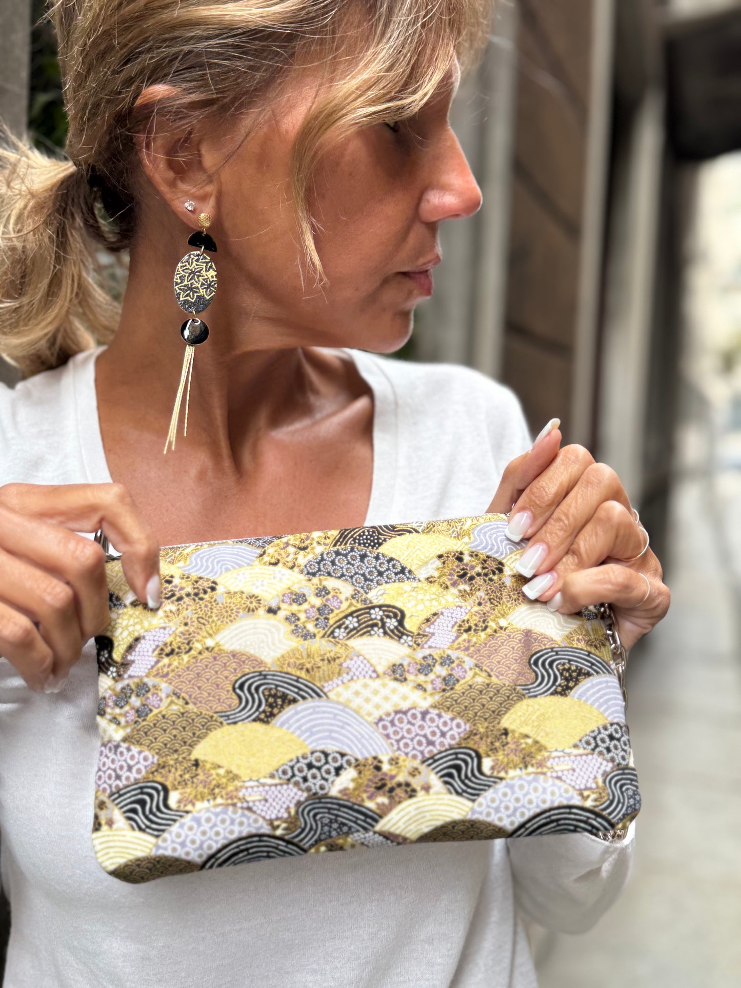 La Poshetta Mini tessuto giapponese ventagli grigi e gialli