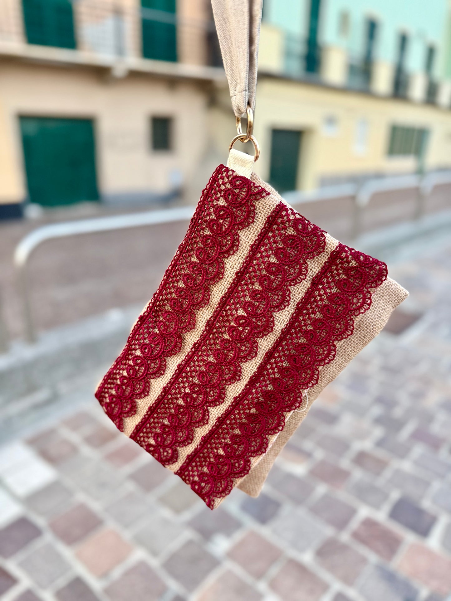 Clutch juta applicazioni bordeaux
