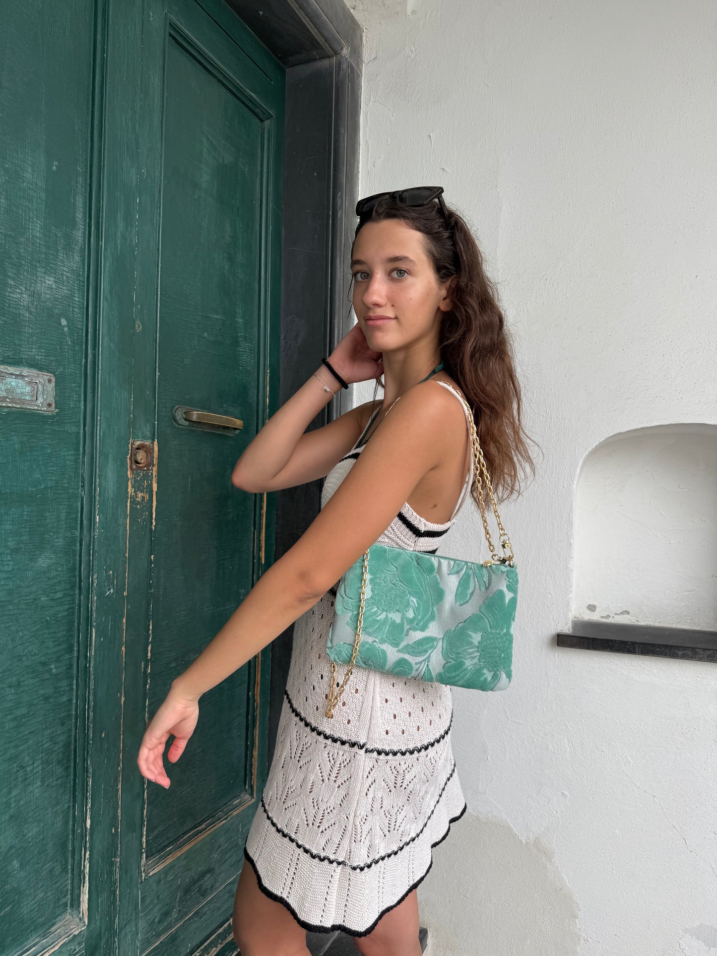 La Poshetta jacquard a fiori verde acqua