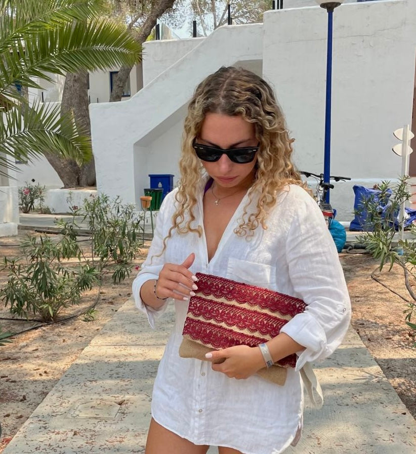 Clutch juta applicazioni bordeaux