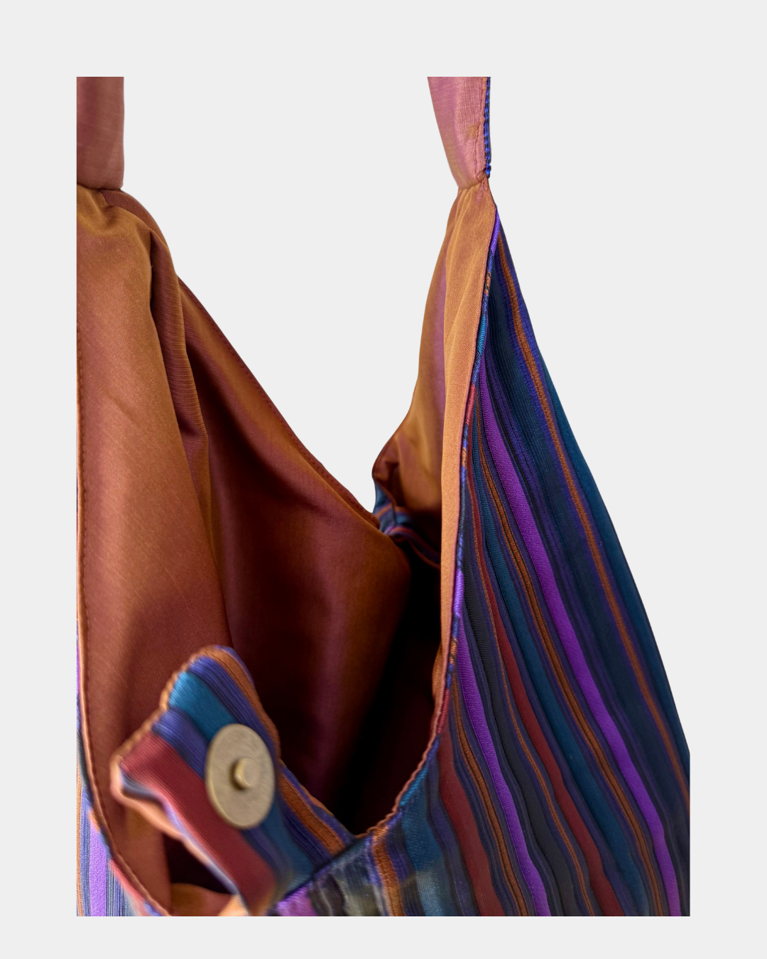 Angie Bag in Shantung a righe viola, blu e nocciola reversibile - Retro nocciola