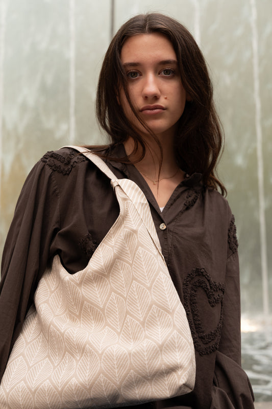 Angie Bag a foglie beige - Interno Shantung cioccolato