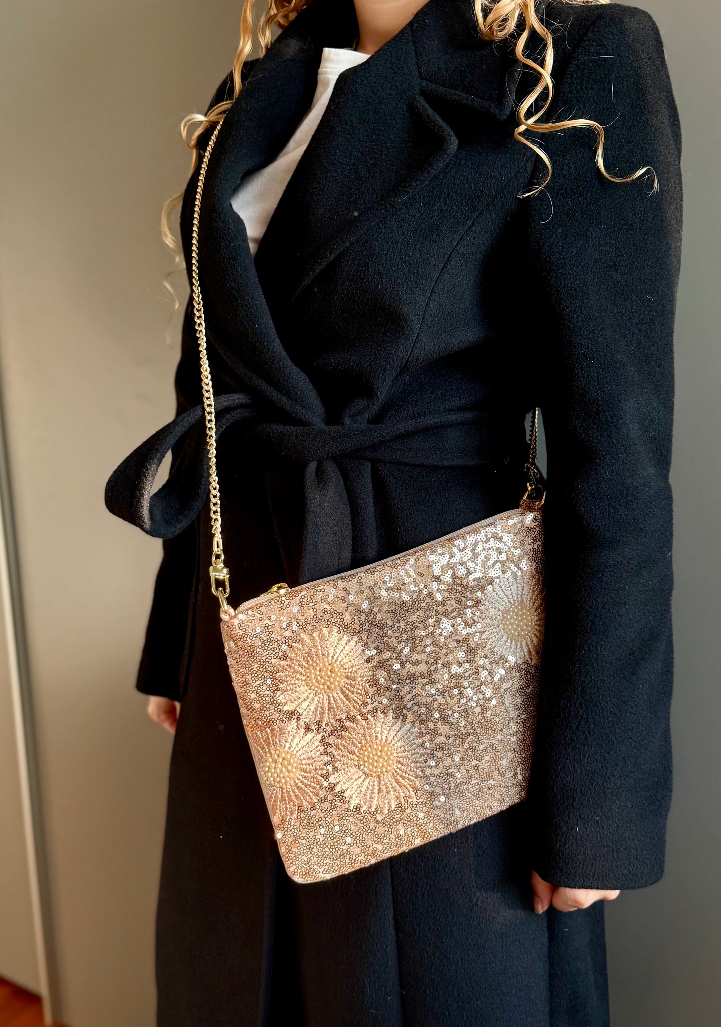 La Poshetta paillettes a fiori beige e oro - Retro velluto beige