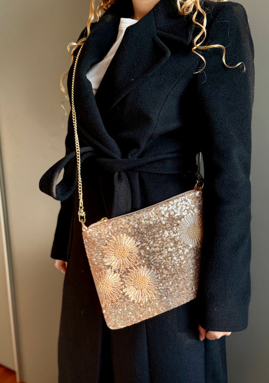 La Poshetta paillettes a fiori beige e oro - Retro velluto beige