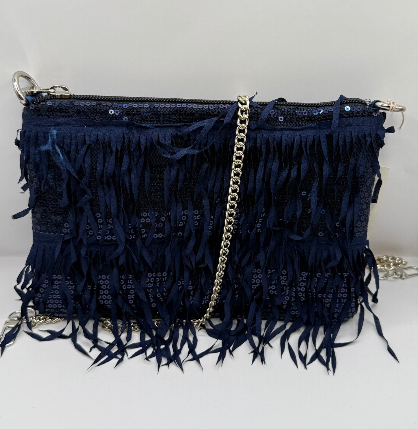 La Poshetta Mini blu con frange - Retro in Mikado blu