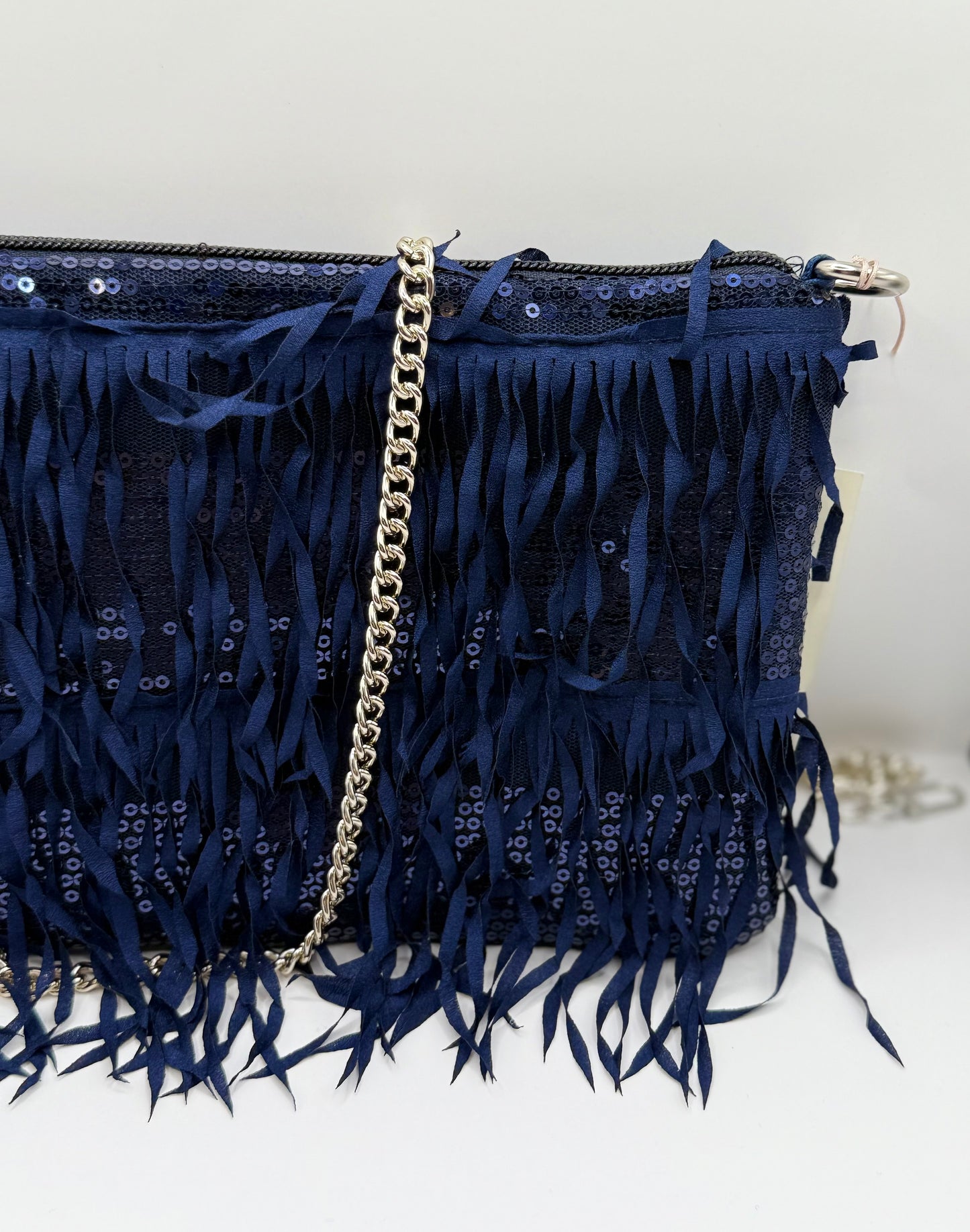 La Poshetta Mini blu con frange - Retro in Mikado blu