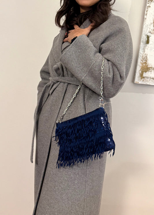 La Poshetta Mini blu con frange - Retro in Mikado blu
