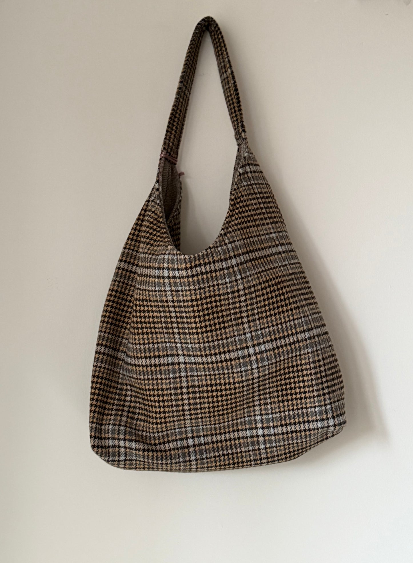 Angie Bag reversibile Tartan lana nocciola e azzurro - Velluto nocciola