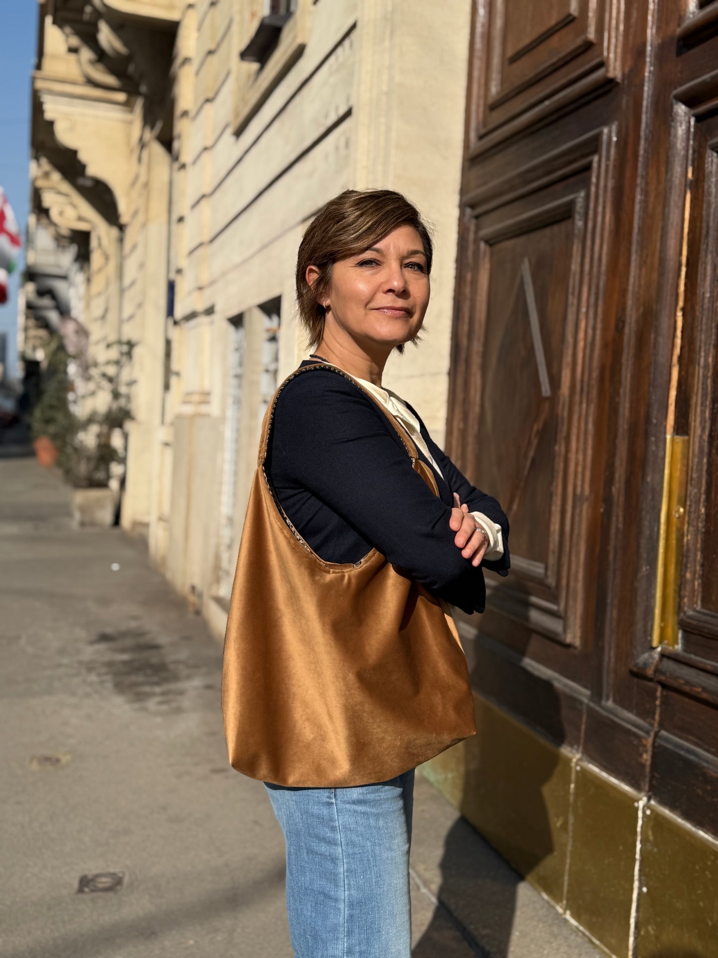 Angie Bag reversibile Tartan lana nocciola e azzurro - Velluto nocciola