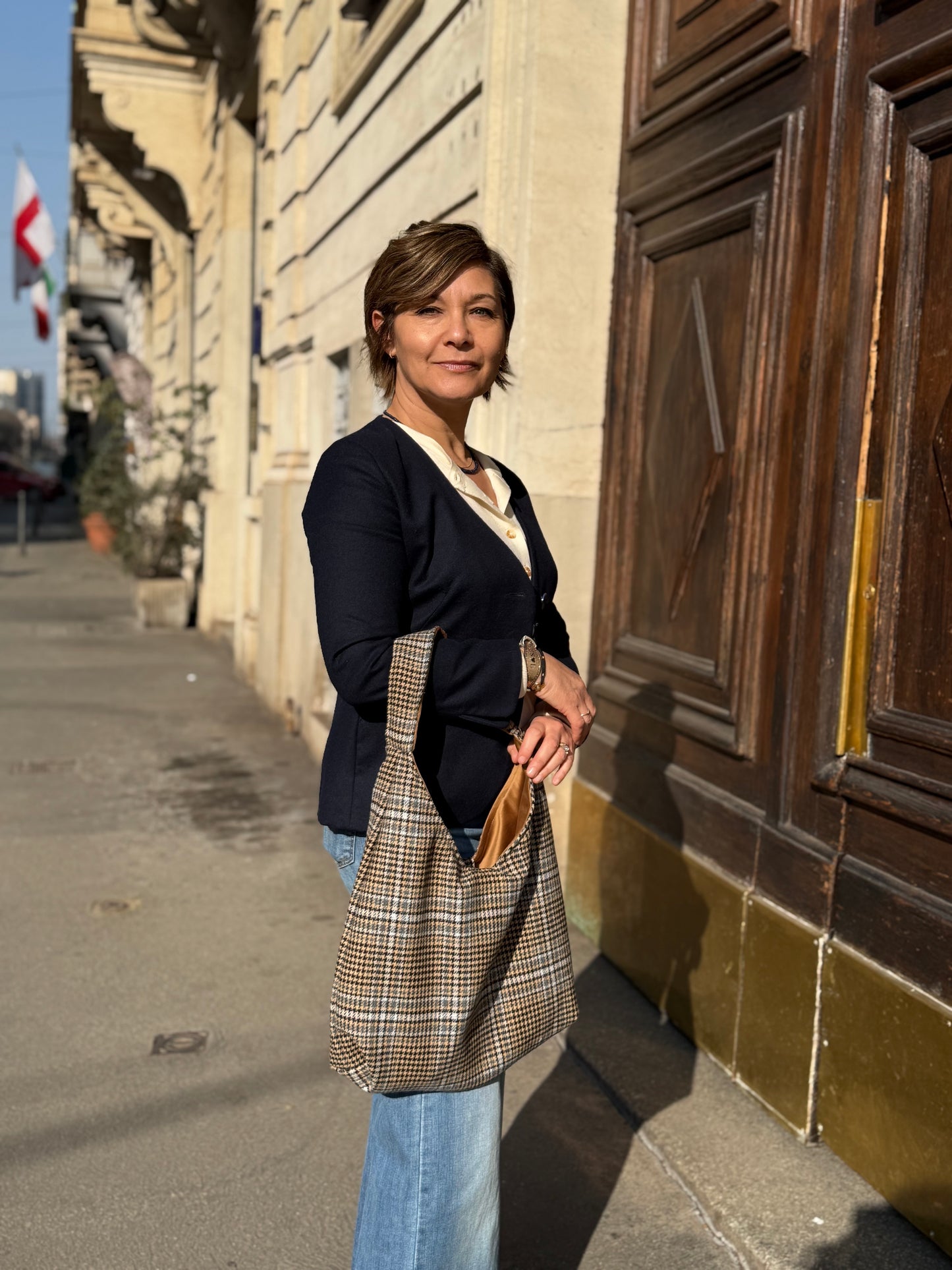 Angie Bag reversibile Tartan lana nocciola e azzurro - Velluto nocciola