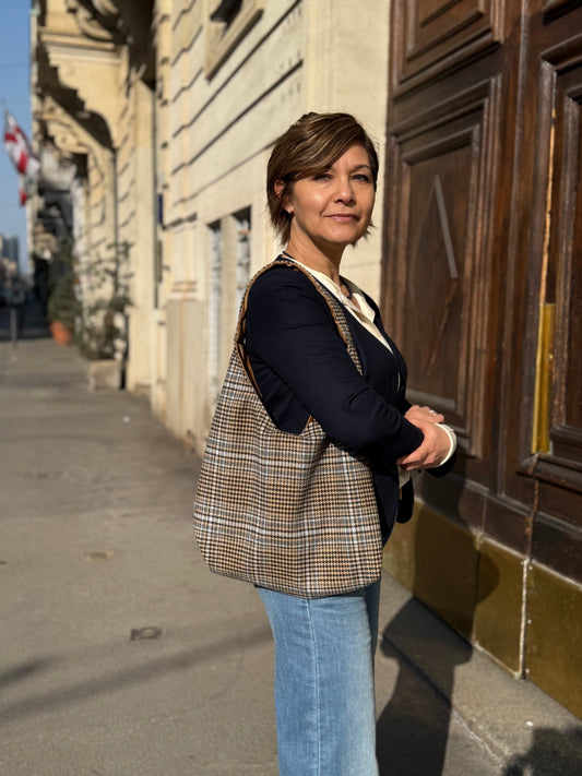 Angie Bag reversibile Tartan lana nocciola e azzurro - Velluto nocciola