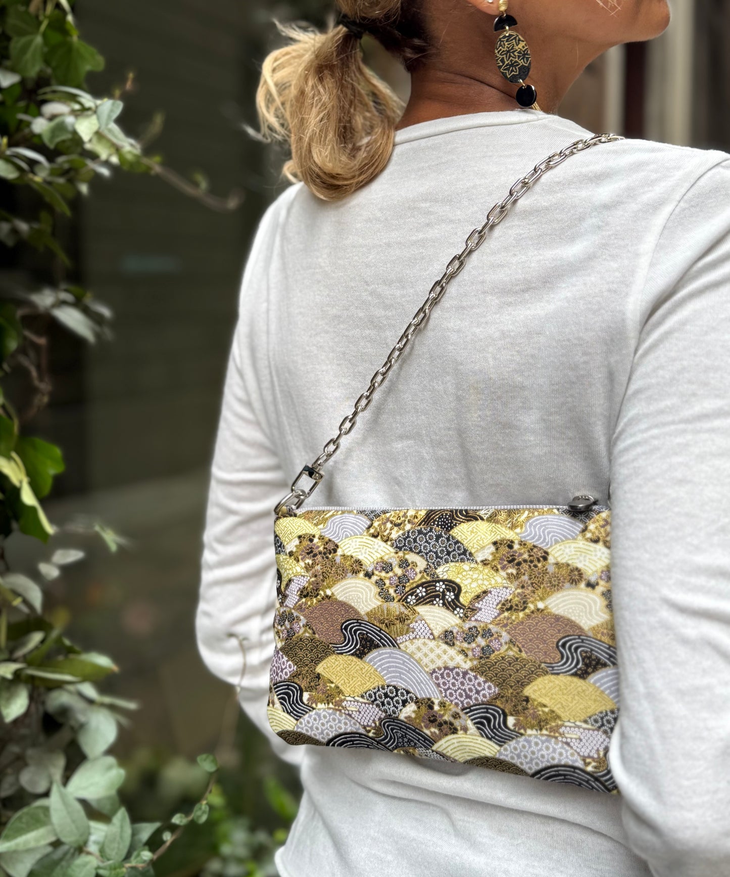 La Poshetta Mini tessuto giapponese ventagli grigi e gialli