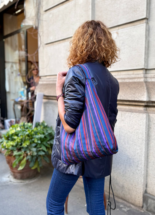 Angie Bag in Shantung a righe viola, blu e nocciola reversibile - Retro nocciola