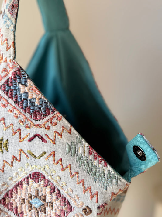 Angy Bag reversible Jacquard di cotone fantasia  - Retro cotone azzurro Tiffany