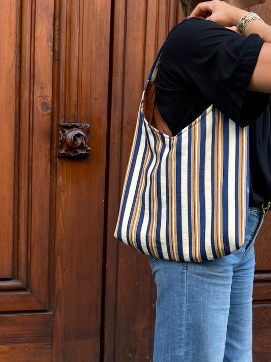 Angie Bag a righe blu bianche e nocciola - interno cotone nocciola