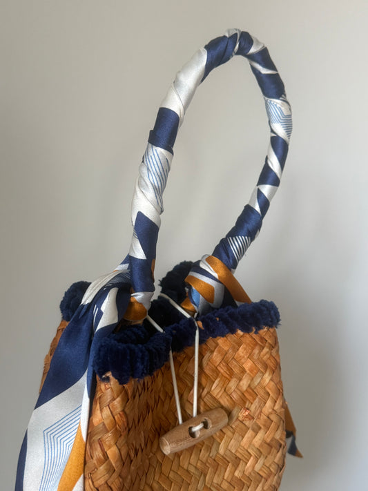Sandy Bag - Twilly in seta motivi geometrici blu e ocra - Personalizzabile con le iniziali