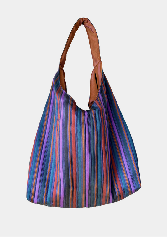 Angie Bag in Shantung a righe viola, blu e nocciola reversibile - Retro nocciola