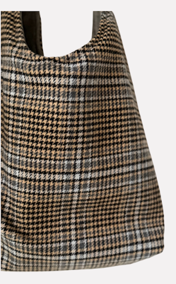 Angie Bag reversibile Tartan lana nocciola e azzurro - Velluto nocciola