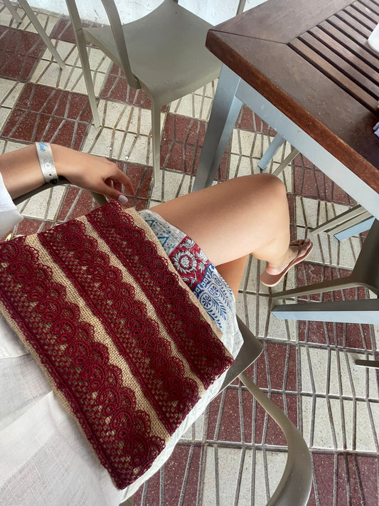 Clutch juta applicazioni bordeaux
